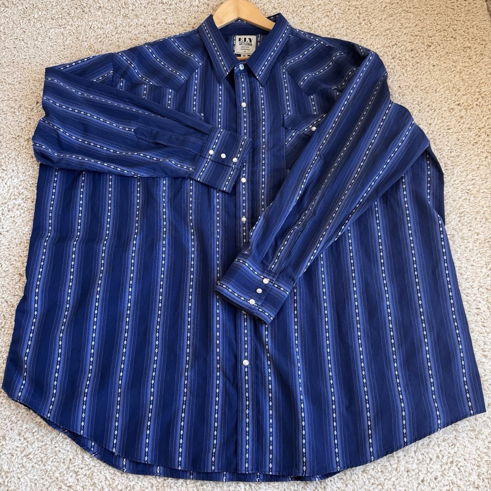 Ely Cattleman Western Shirt Mens 4X Big Blue Striped Pearl Snap Good Condition
